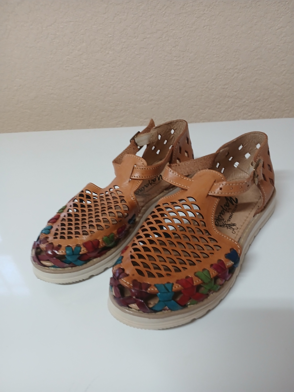 Tan Leather Cutout Women’s Sandals with Multicolor Trim